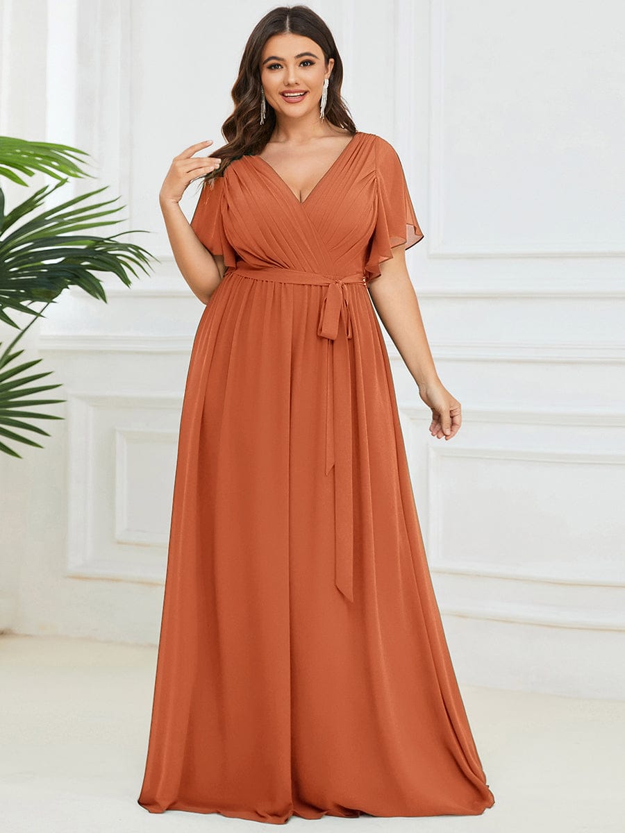 Plus Size Ruffle Pleated Chiffon Tie-Waist Evening Dress #color_Brandied Melon