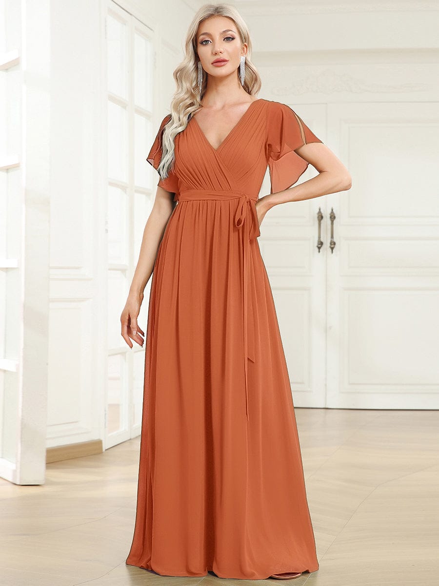 A-Line Pleated Chiffon Tie-Waist Evening Dress #color_Brandied Melon