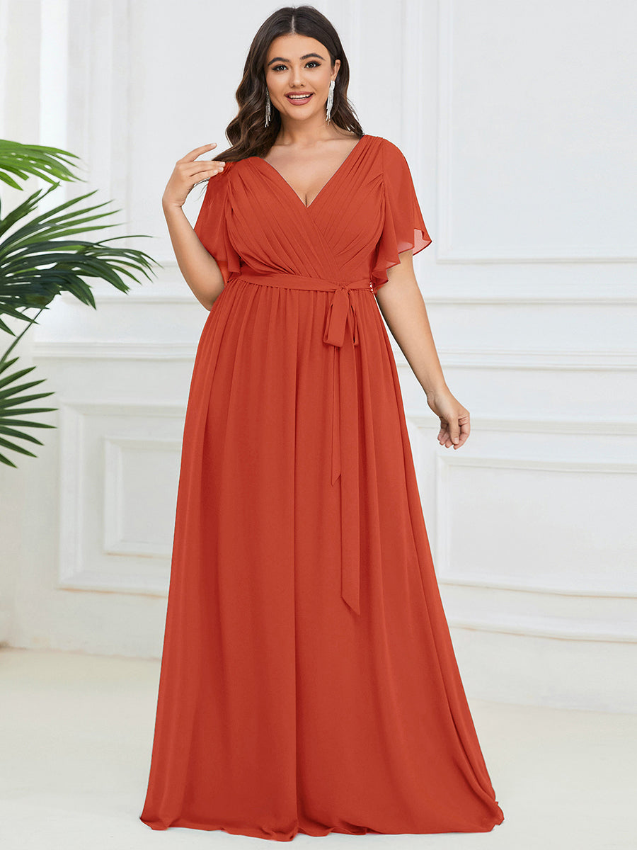 Plus Size Pleated Tie-Waist Chiffon Bridesmaid Dress #color_Burnt Orange