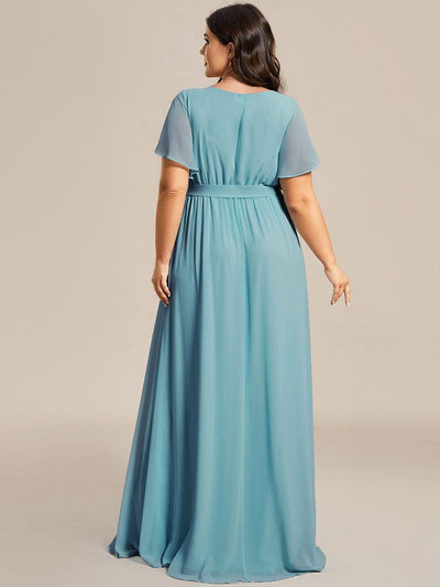 Plus Size Ruffle Pleated Chiffon Tie-Waist Evening Dress #color_Light Teal