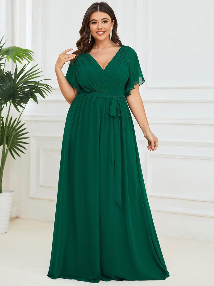 Plus Size Pleated Tie-Waist Chiffon Bridesmaid Dress #color_Dark Green