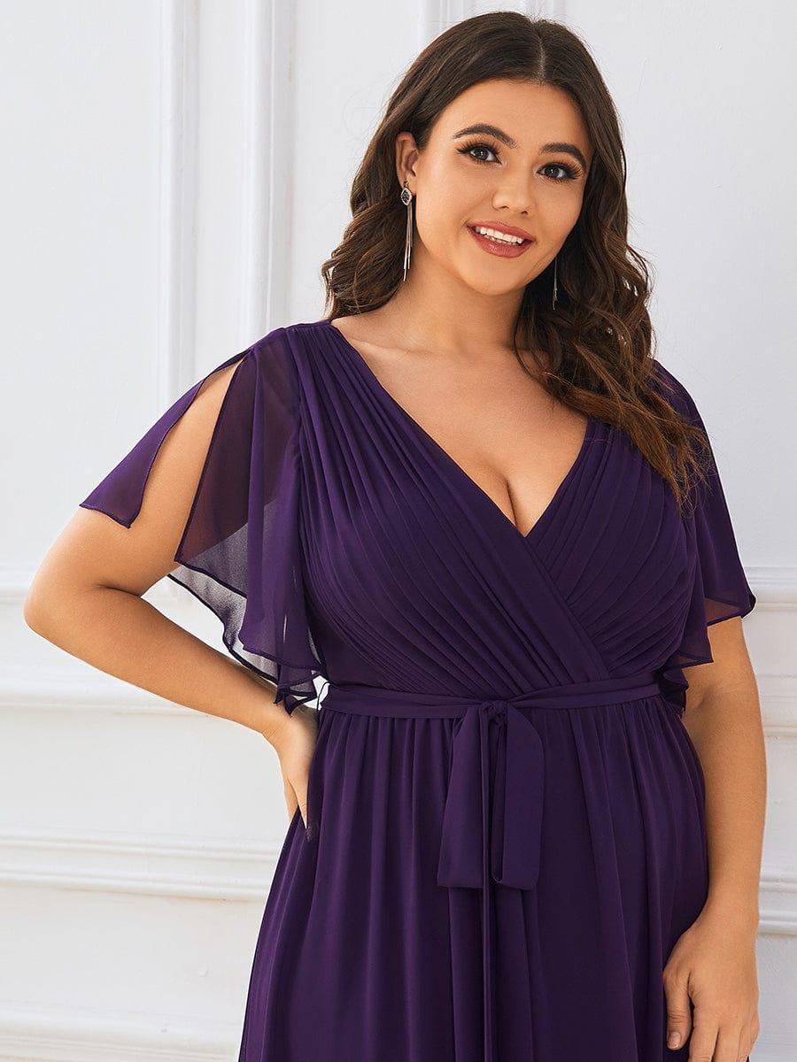 Plus Size Pleated Tie-Waist Chiffon Bridesmaid Dress #color_Dark Purple
