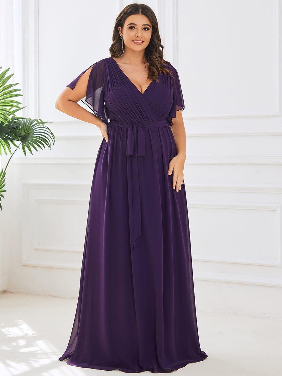 Plus Size Pleated Tie-Waist Chiffon Bridesmaid Dress #color_Dark Purple