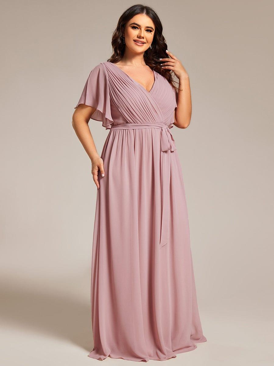 Plus Size Ruffle Pleated Chiffon Tie-Waist Evening Dress #color_Dusty Rose