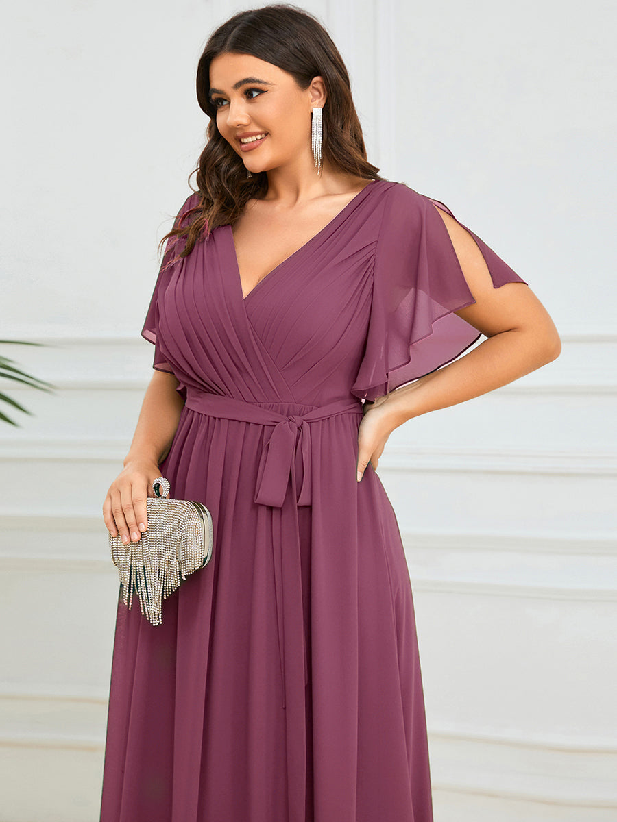 Plus Size Pleated Tie-Waist Chiffon Bridesmaid Dress #color_Damson