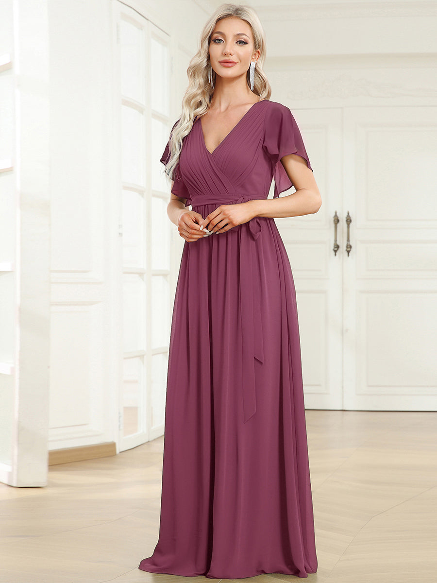 A-Line Pleated Chiffon Tie-Waist Bridesmaid Dress #color_Damson