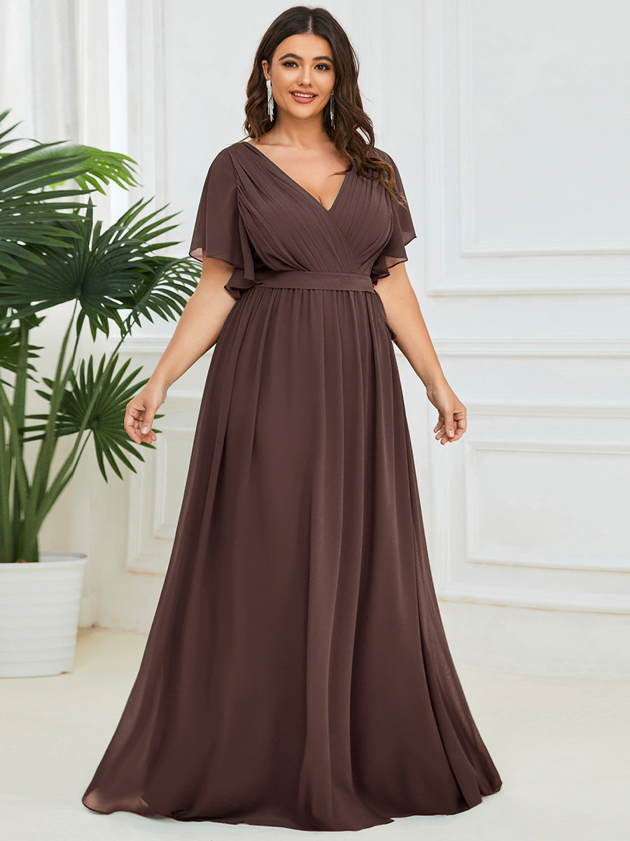 Plus Size Pleated Tie-Waist Chiffon Bridesmaid Dress #color_Espresso