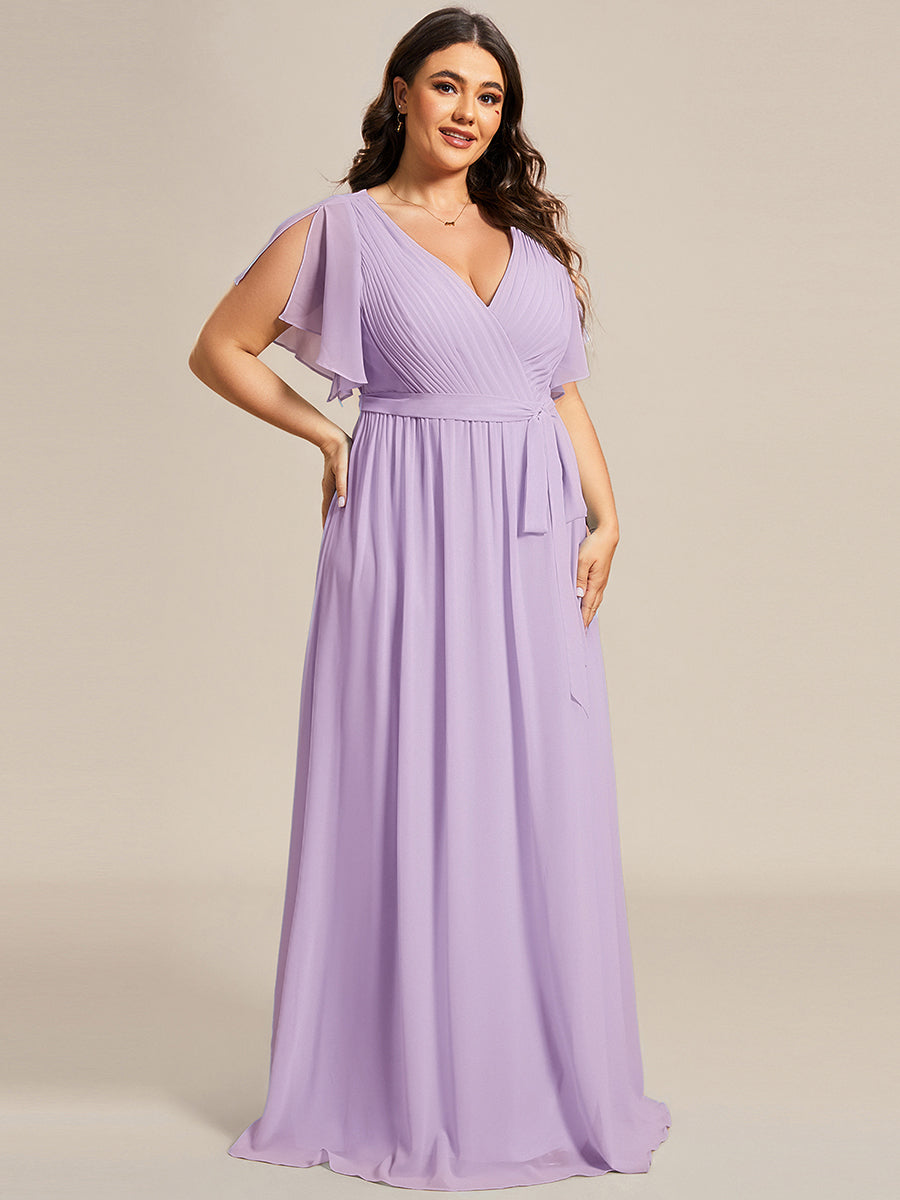 Plus Size Ruffle Pleated Chiffon Tie-Waist Evening Dress #color_Frosted Lilac
