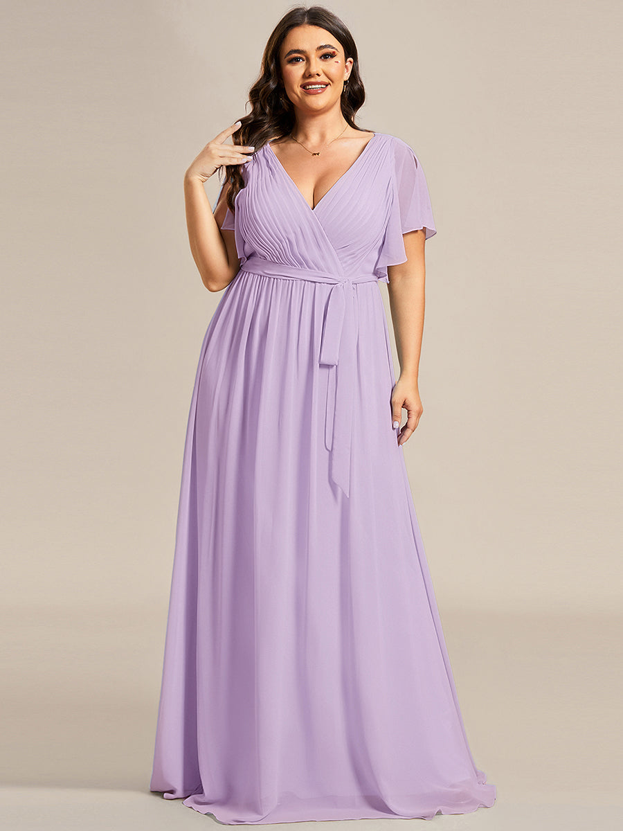 Plus Size Ruffle Pleated Chiffon Tie-Waist Evening Dress #color_Frosted Lilac