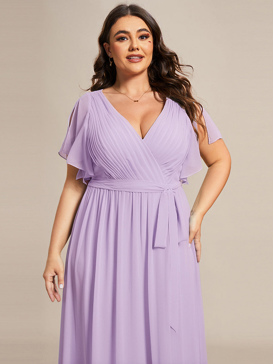 Plus Size Ruffle Pleated Chiffon Tie-Waist Evening Dress #color_Frosted Lilac