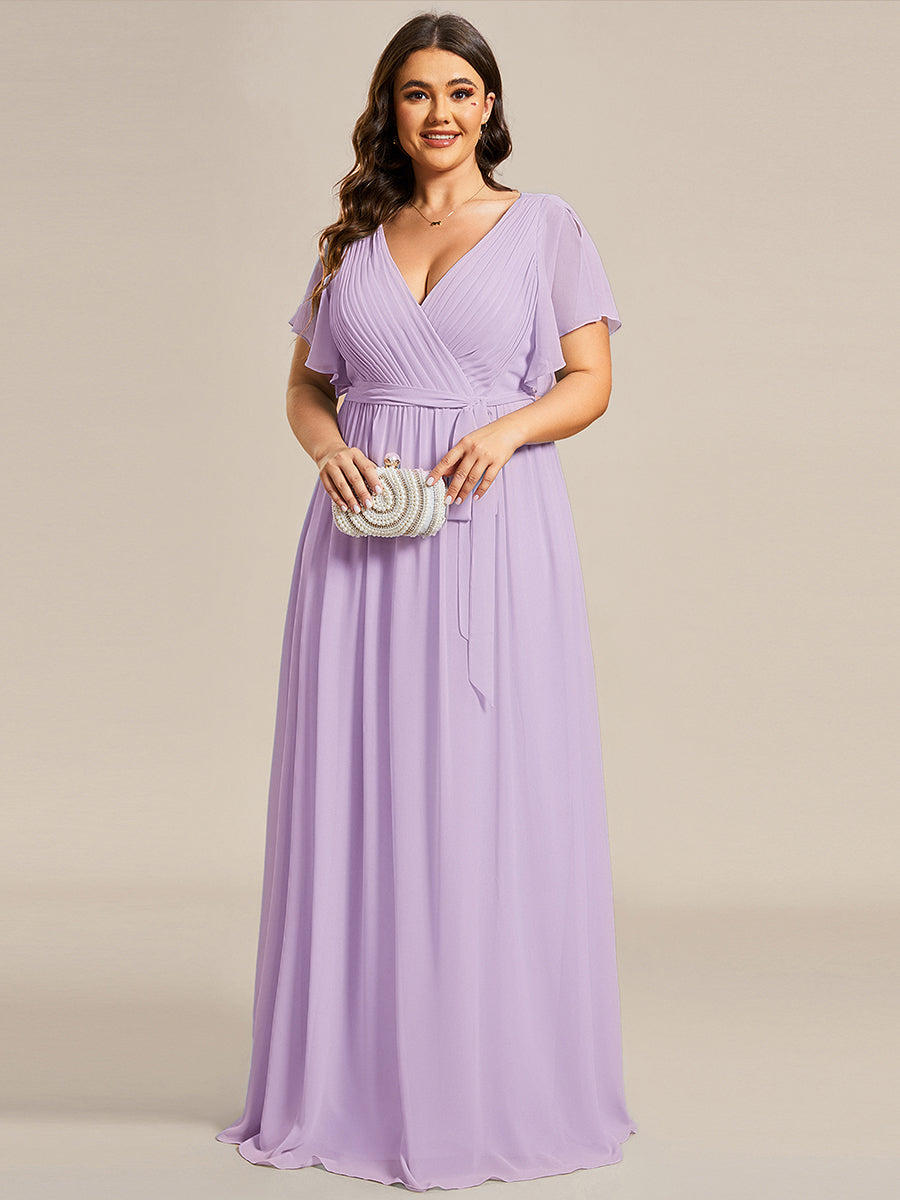 Plus Size Ruffle Pleated Chiffon Tie-Waist Evening Dress #color_Frosted Lilac