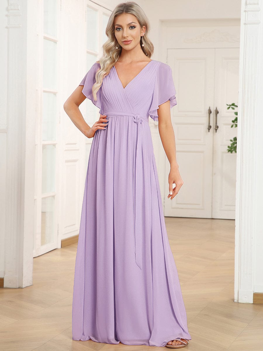 A-Line Pleated Chiffon Tie-Waist Evening Dress #color_FL-Frosted Lilac