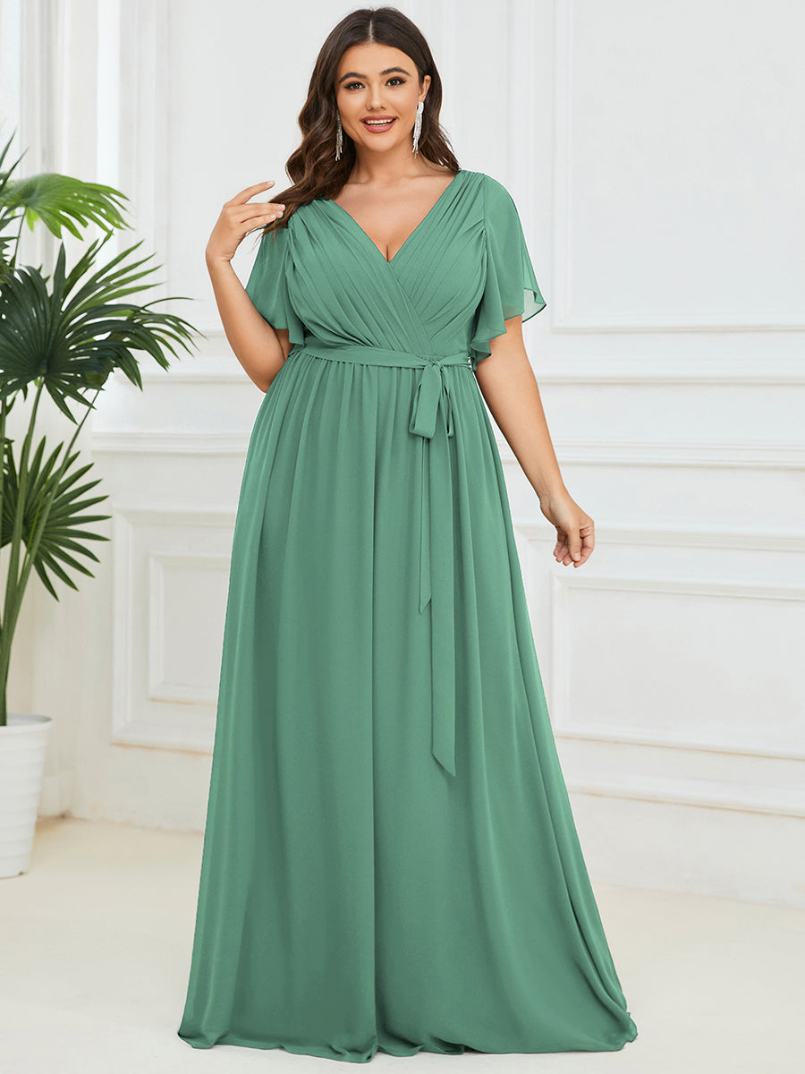 Plus Size Pleated Tie-Waist Chiffon Bridesmaid Dress #color_Green Bean