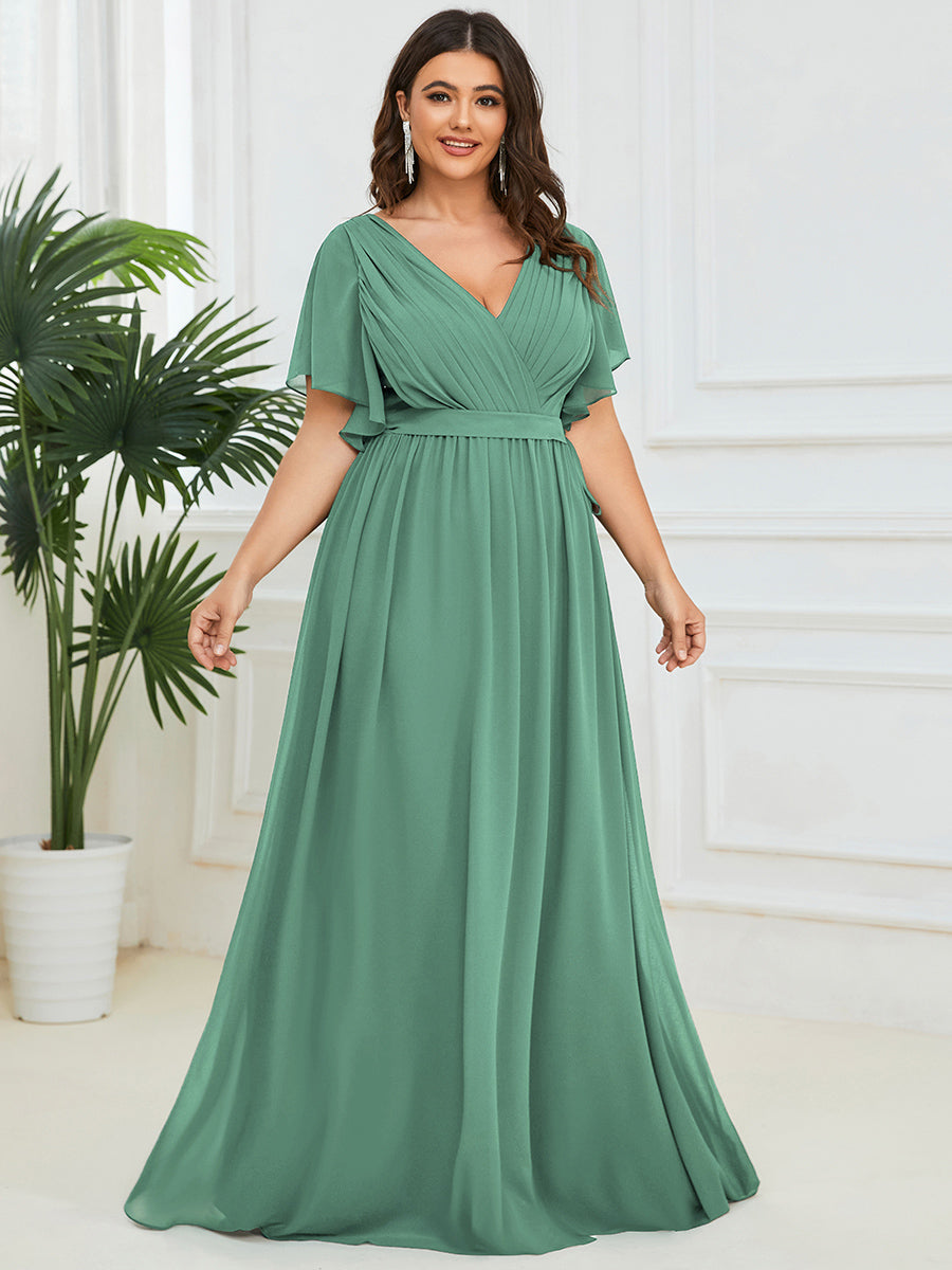 Plus Size Ruffle Pleated Chiffon Tie-Waist Evening Dress #color_Green Bean