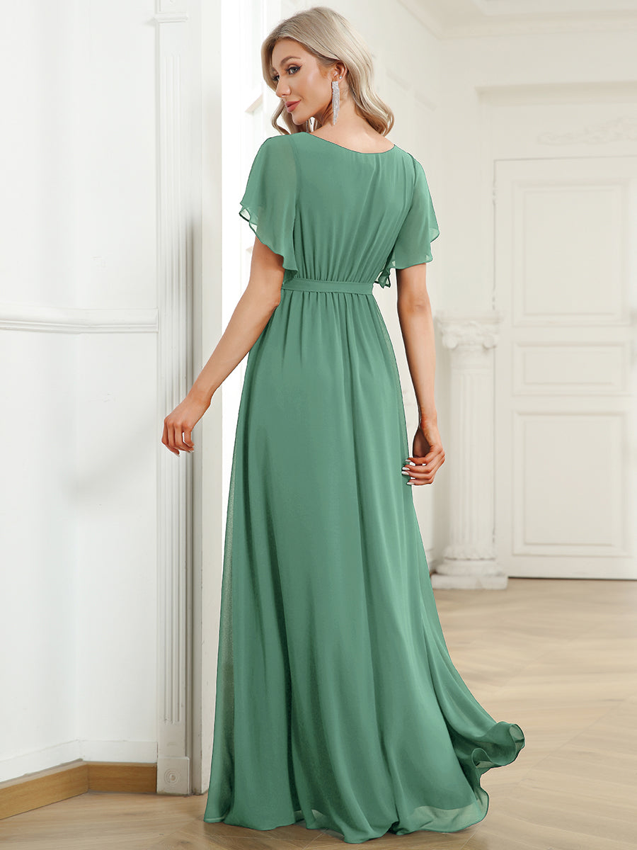 A-Line Pleated Chiffon Tie-Waist Bridesmaid Dress #color_Green Bean