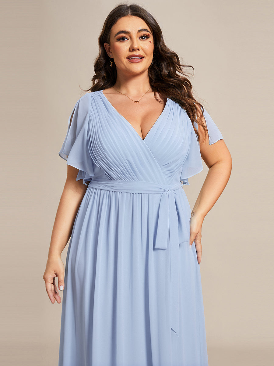 Plus Size Pleated Tie-Waist Chiffon Bridesmaid Dress #color_Ice Blue