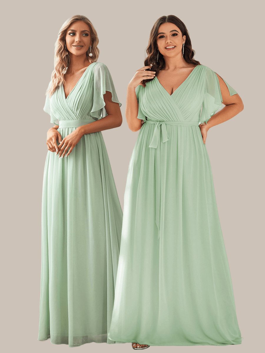 A-Line Pleated Chiffon Tie-Waist Evening Dress #color_Burgundy