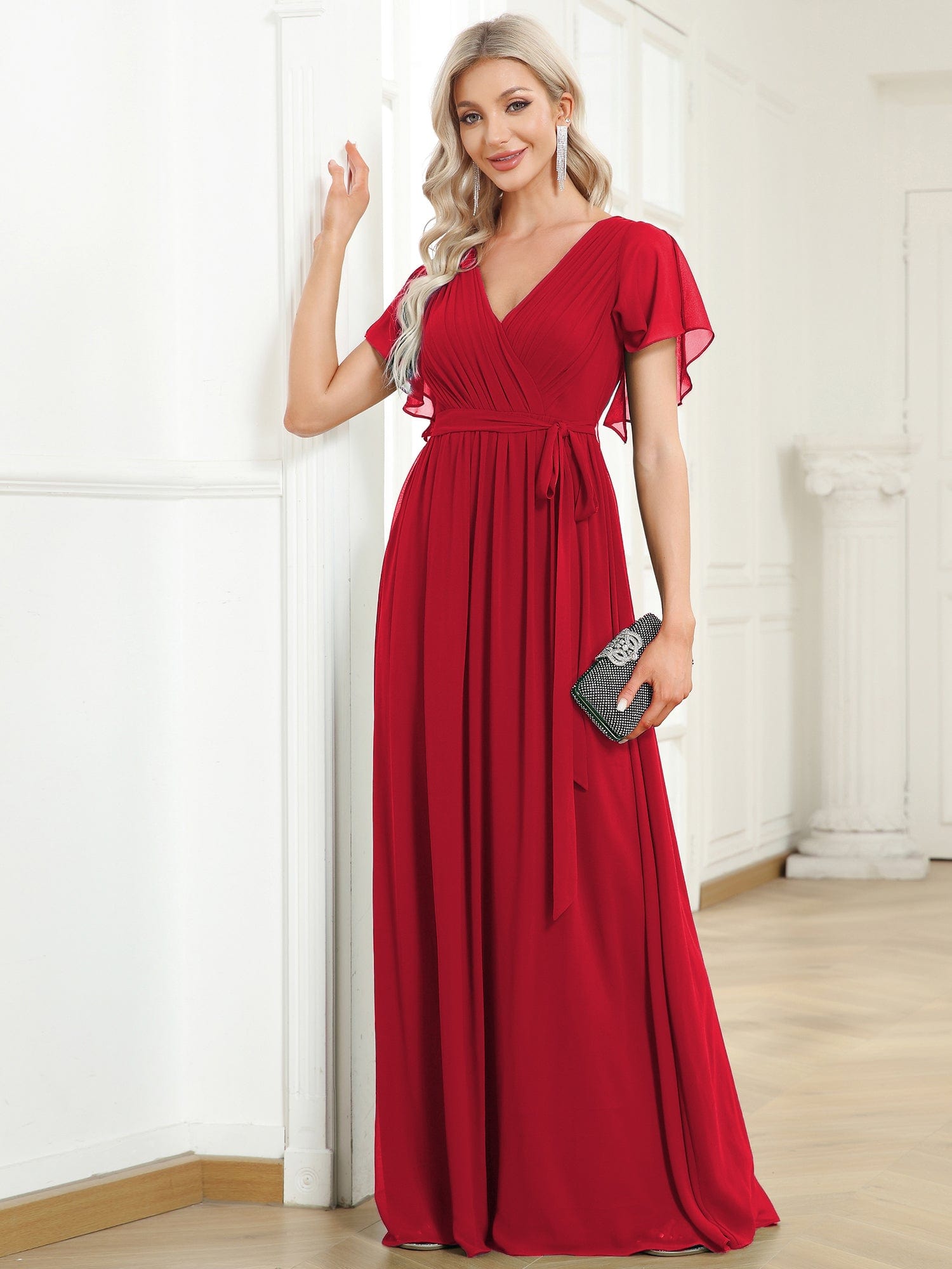 Plus Size Pleated Tie-Waist Chiffon Bridesmaid Dress #color_Red