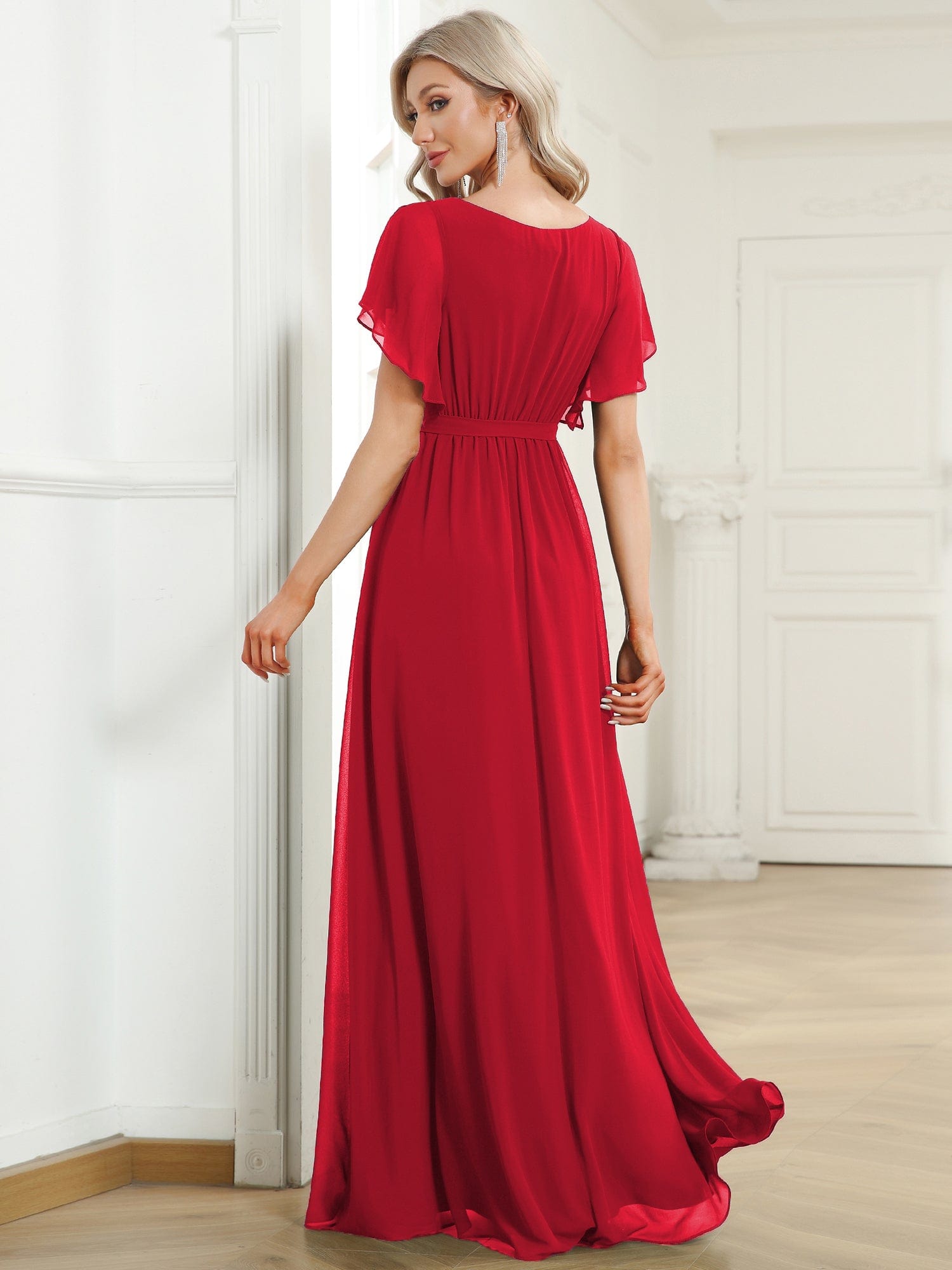 Plus Size Pleated Tie-Waist Chiffon Bridesmaid Dress #color_Red