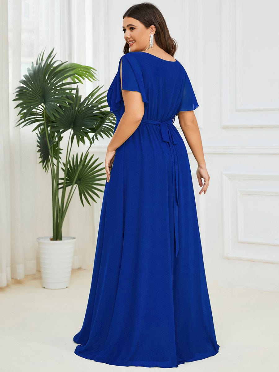 Plus Size Pleated Tie-Waist Chiffon Bridesmaid Dress #color_Sapphire Blue