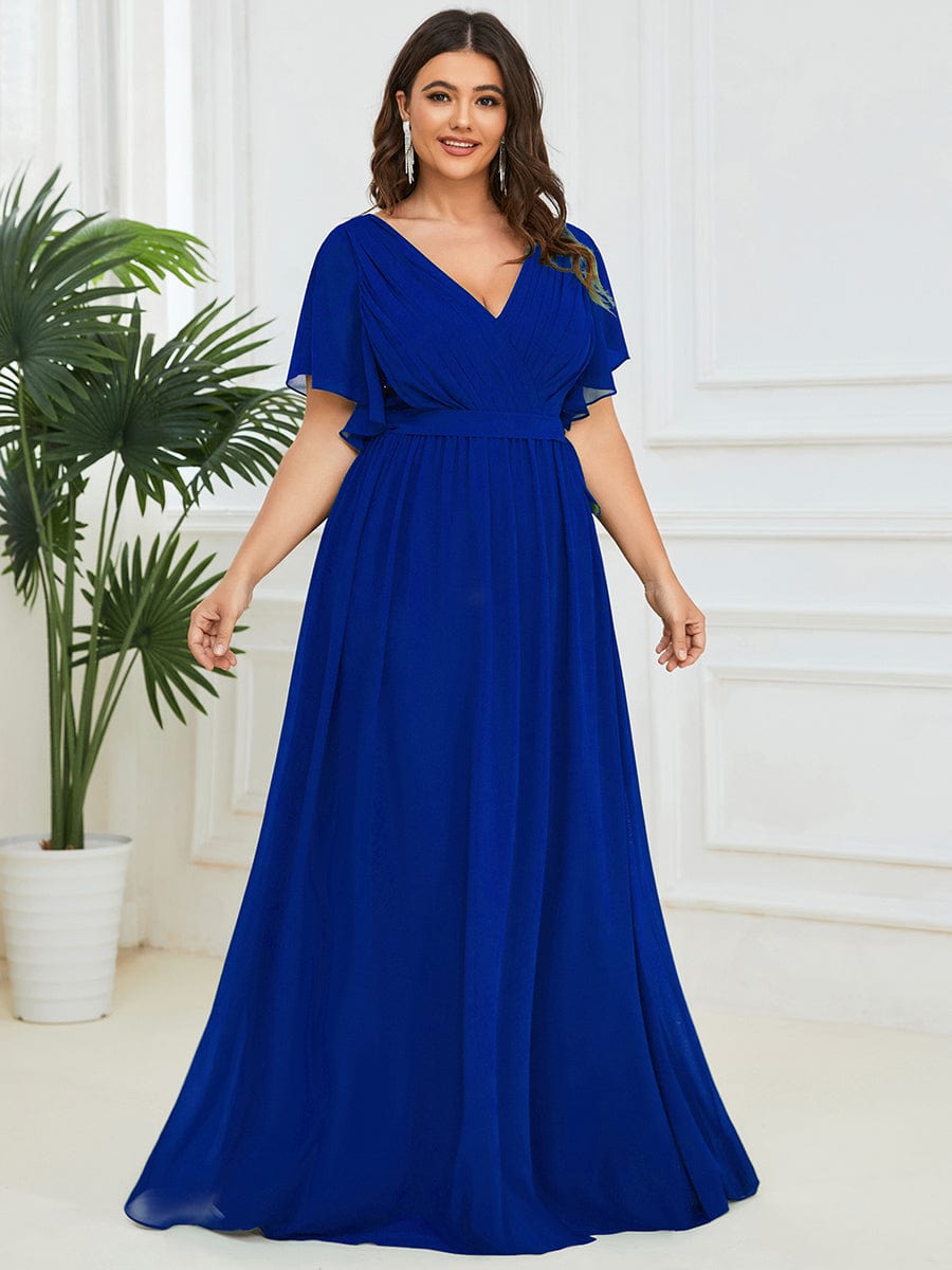 Plus Size Pleated Tie-Waist Chiffon Bridesmaid Dress #color_Sapphire Blue