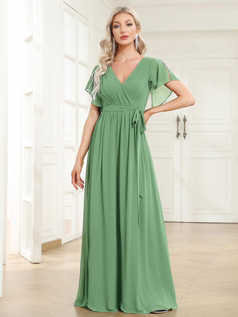 Plus Size Pleated Tie-Waist Chiffon Bridesmaid Dress #color_Sage Green