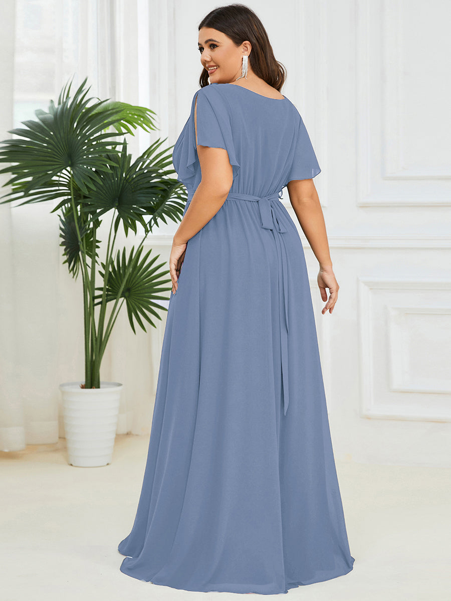 Plus Size Pleated Tie-Waist Chiffon Bridesmaid Dress #color_Slate Blue