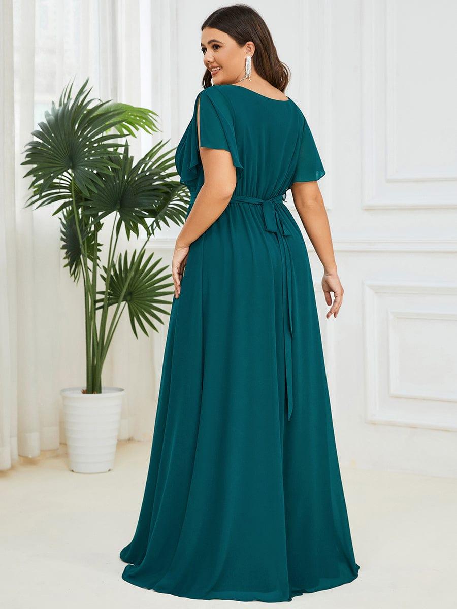 Plus Size Pleated Tie-Waist Chiffon Bridesmaid Dress #color_Teal