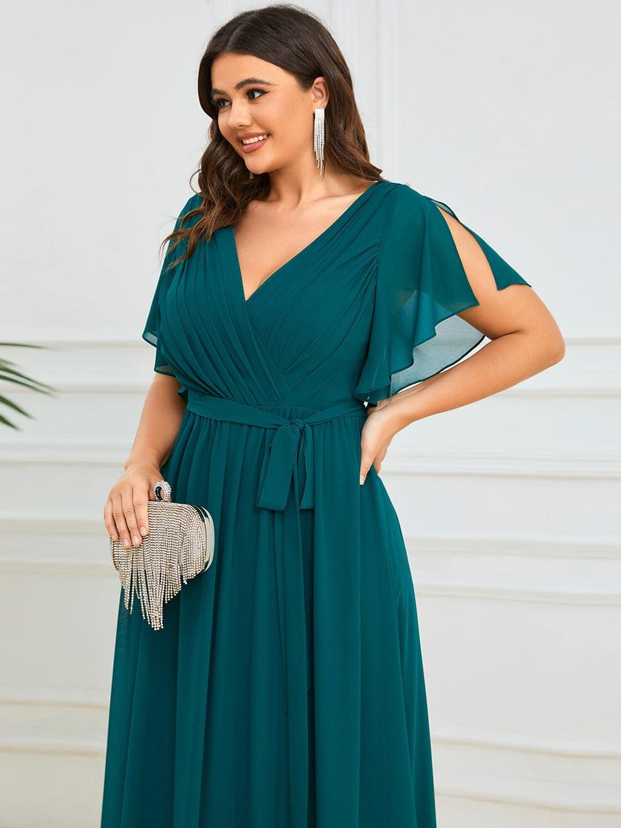 Plus Size Pleated Tie-Waist Chiffon Bridesmaid Dress #color_Teal
