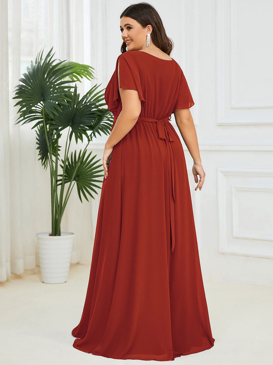 Plus Size Pleated Tie-Waist Chiffon Bridesmaid Dress #color_Vermilion