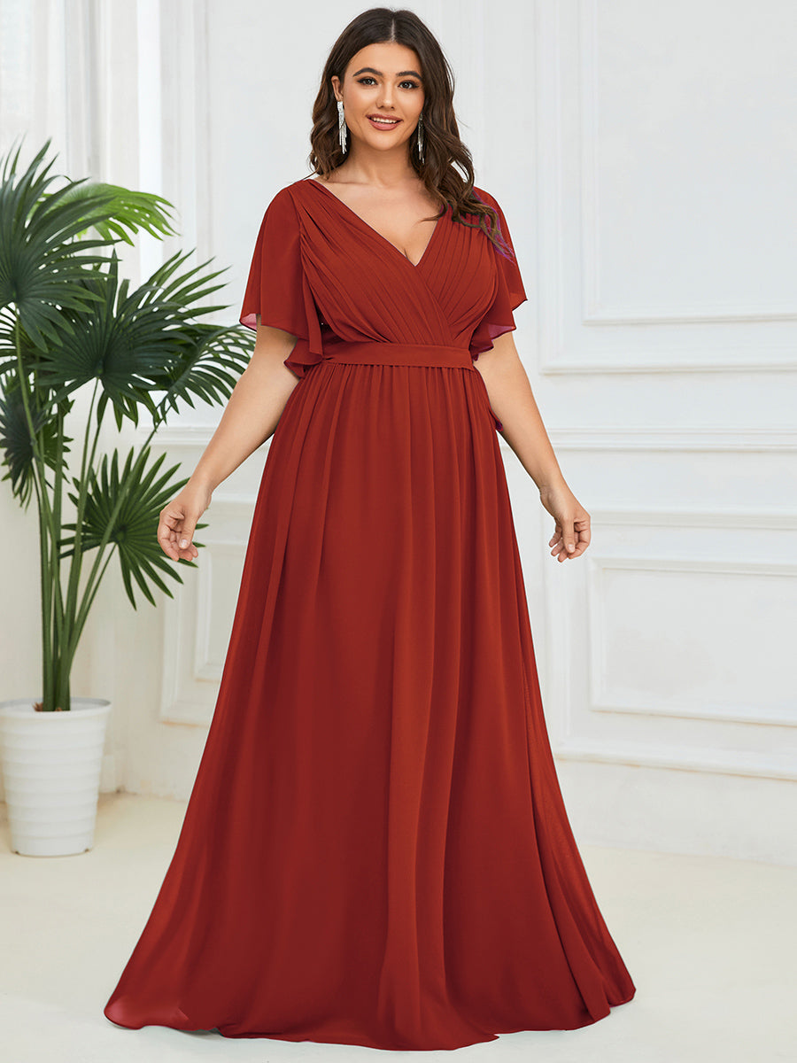 Plus Size Pleated Tie-Waist Chiffon Bridesmaid Dress #color_Vermilion