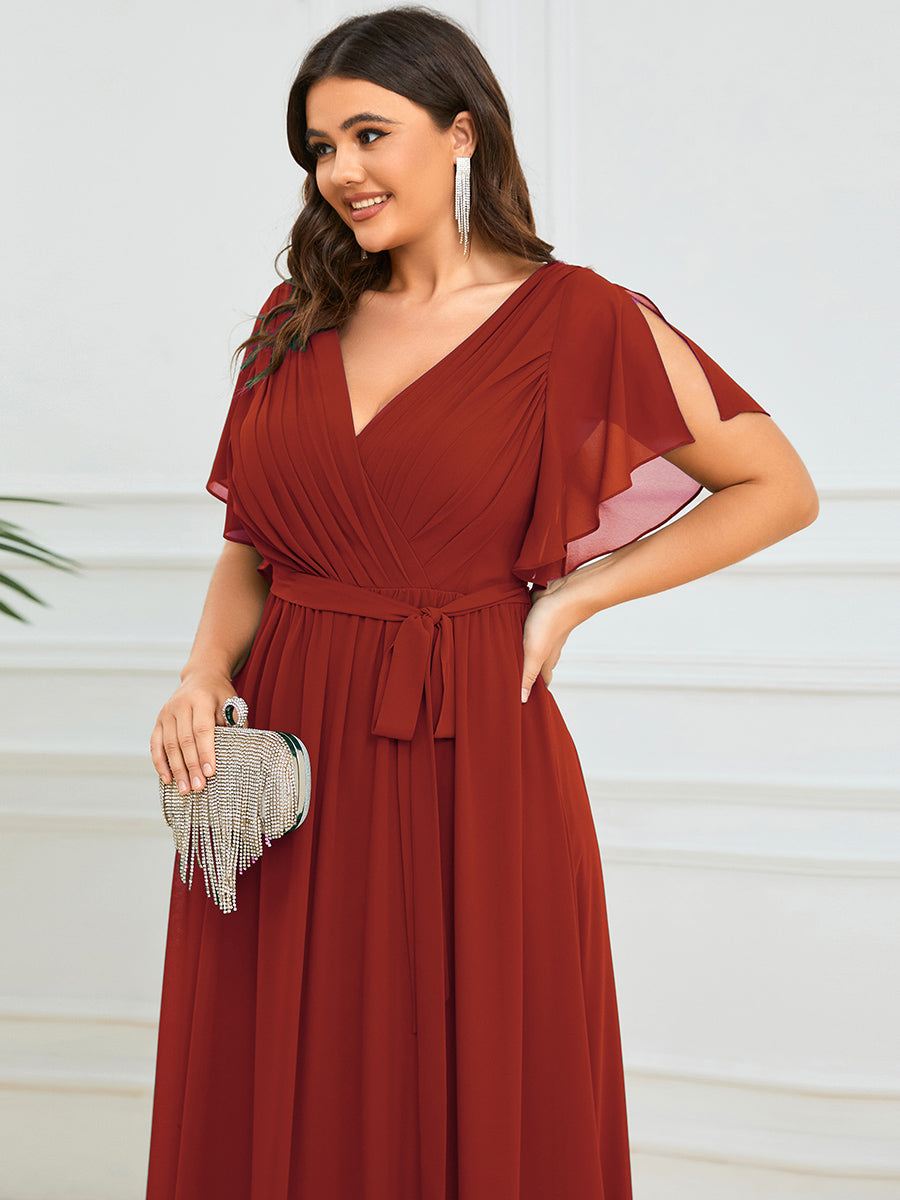 Plus Size Pleated Tie-Waist Chiffon Bridesmaid Dress #color_Vermilion