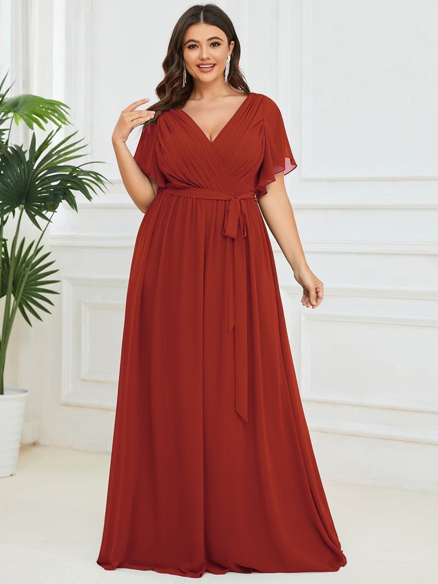 Plus Size Pleated Tie-Waist Chiffon Bridesmaid Dress #color_Vermilion