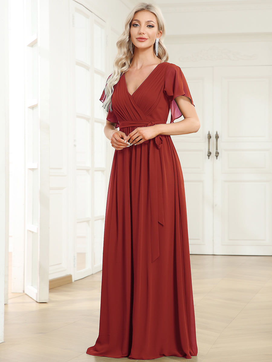 A-Line Pleated Chiffon Tie-Waist Bridesmaid Dress #color_Vermilion
