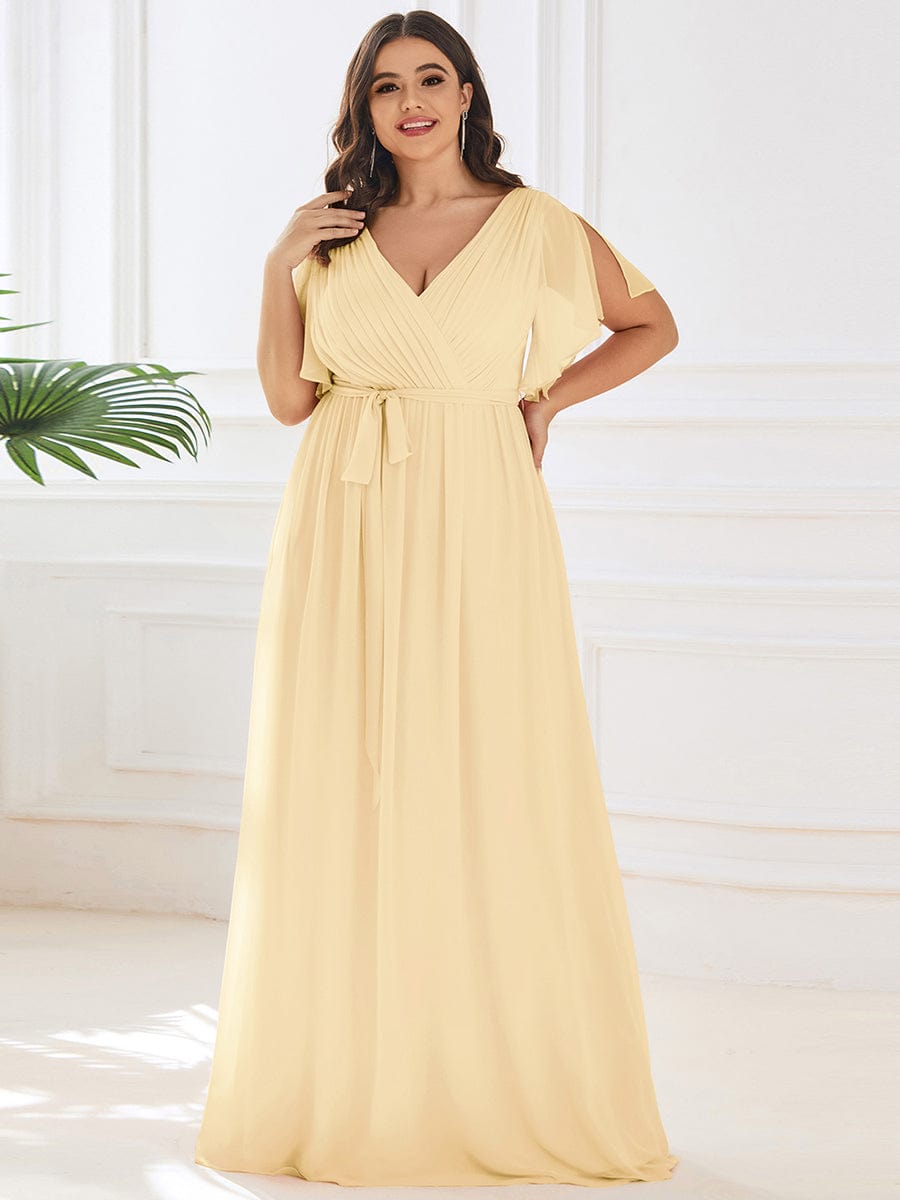A-Line Pleated Chiffon Tie-Waist Evening Dress #color_Yellow