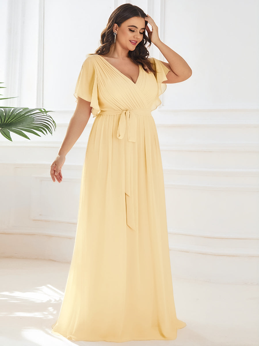 Plus Size Pleated Tie-Waist Chiffon Bridesmaid Dress #color_Yellow