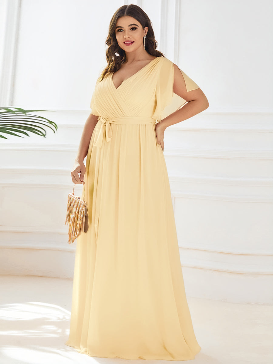 Plus Size Pleated Tie-Waist Chiffon Bridesmaid Dress #color_Yellow