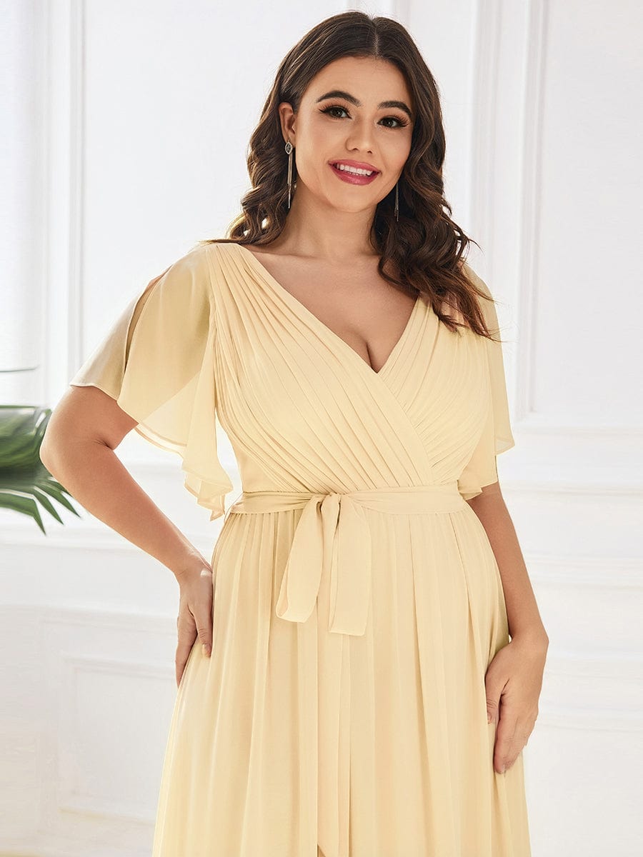 A-Line Pleated Chiffon Tie-Waist Evening Dress #color_Yellow