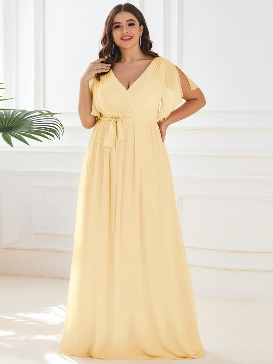 Plus Size Pleated Tie-Waist Chiffon Bridesmaid Dress #color_Yellow