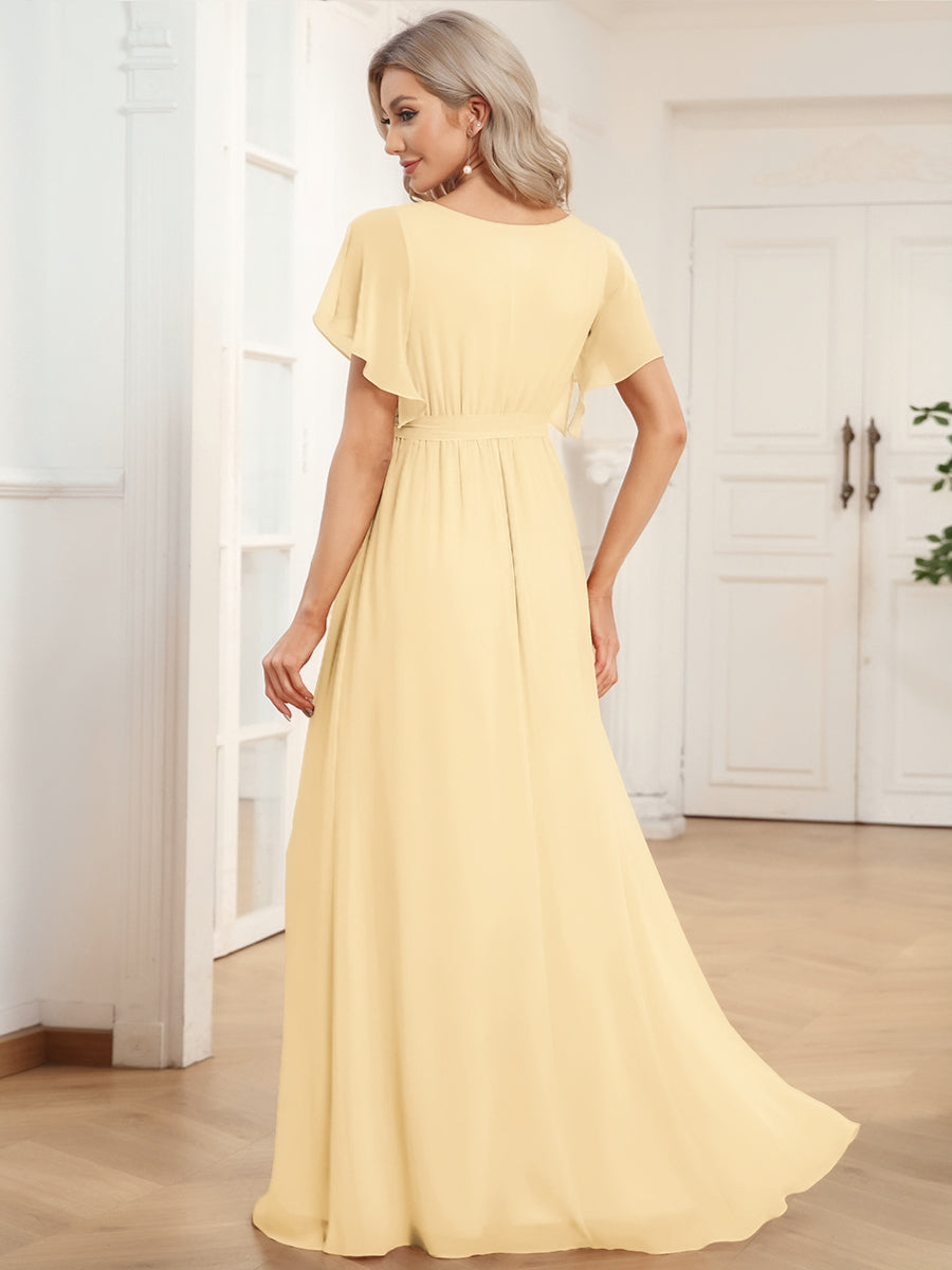 A-Line Pleated Chiffon Tie-Waist Bridesmaid Dress #color_Yellow