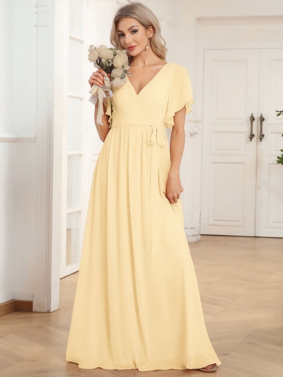 A-Line Pleated Chiffon Tie-Waist Evening Dress #color_Yellow