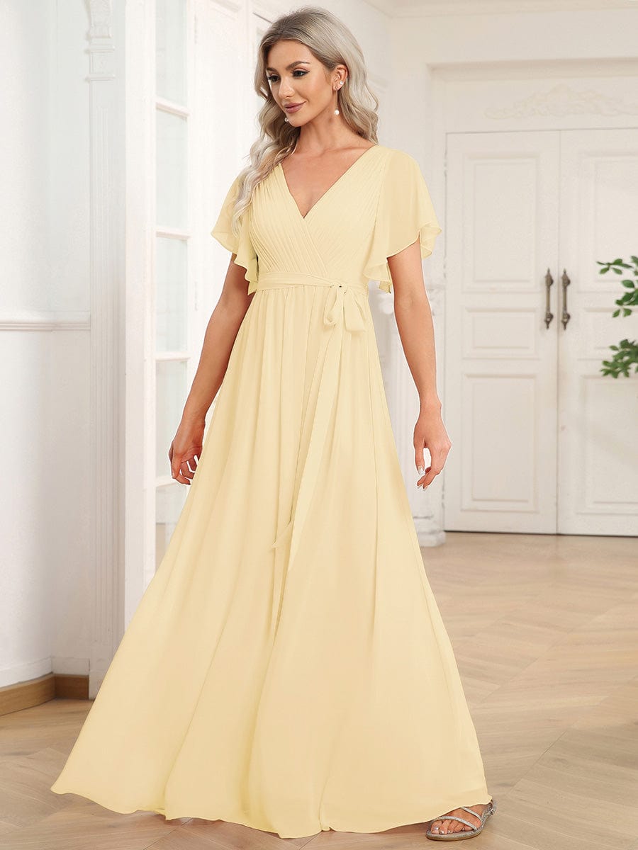 A-Line Pleated Chiffon Tie-Waist Evening Dress #color_Yellow