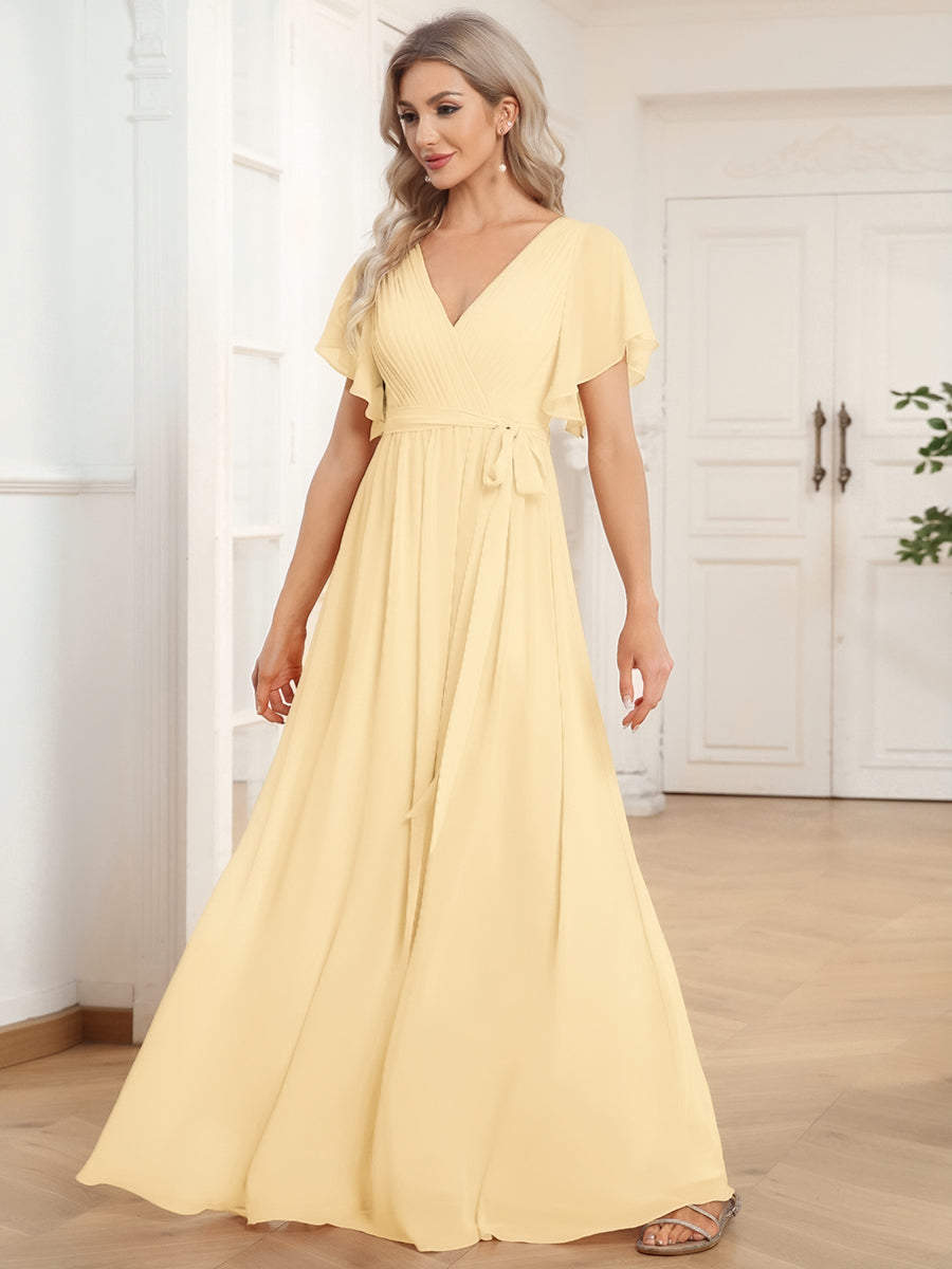 A-Line Pleated Chiffon Tie-Waist Evening Dress #color_Yellow