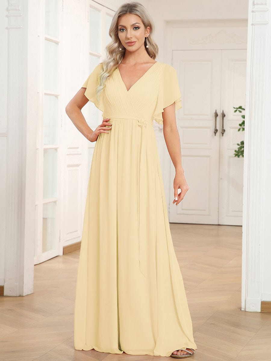 A-Line Pleated Chiffon Tie-Waist Evening Dress #color_Yellow