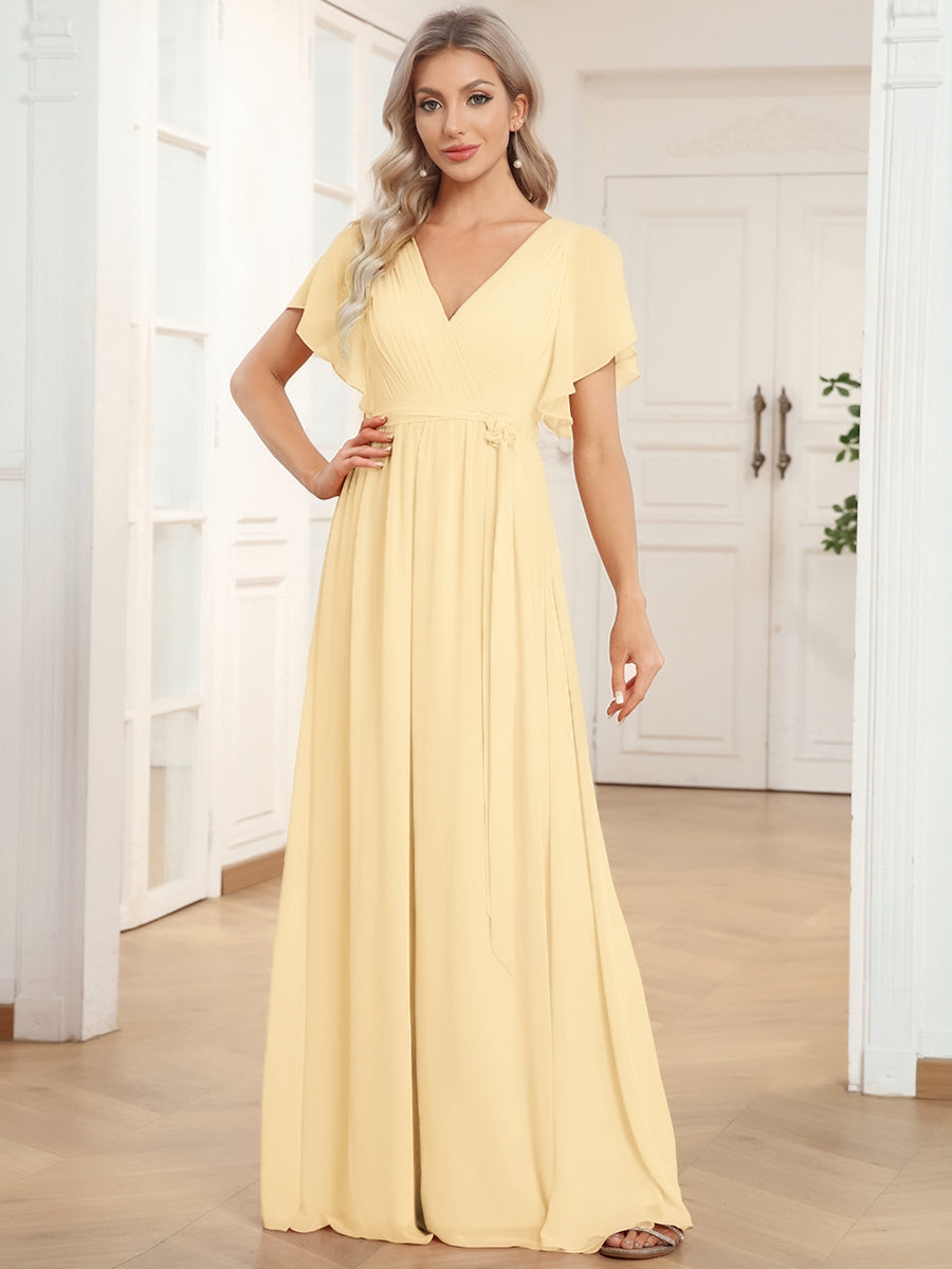 A-Line Pleated Chiffon Tie-Waist Evening Dress #color_Yellow