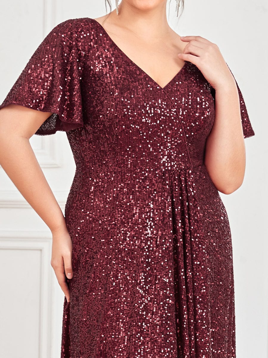 Custom Size Shiny Sequin High Slit V-Neck Short Sleeve Evening Dress #Color_Dark Green Custom Size Shiny Sequin High Slit V-Neck Short Sleeve Evening Dress