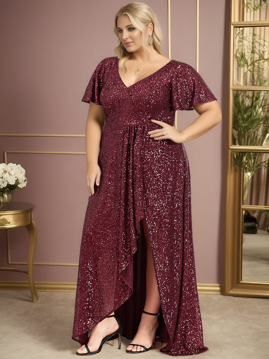 Custom Size Shiny Sequin High Slit V-Neck Short Sleeve Evening Dress #Color_Dark Green Custom Size Shiny Sequin High Slit V-Neck Short Sleeve Evening Dress