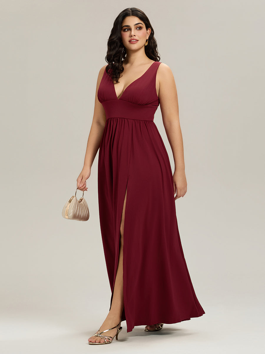 Chiffon High Slit Sleeveless V-Neck Empire Waist Evening Dress #color_Burgundy