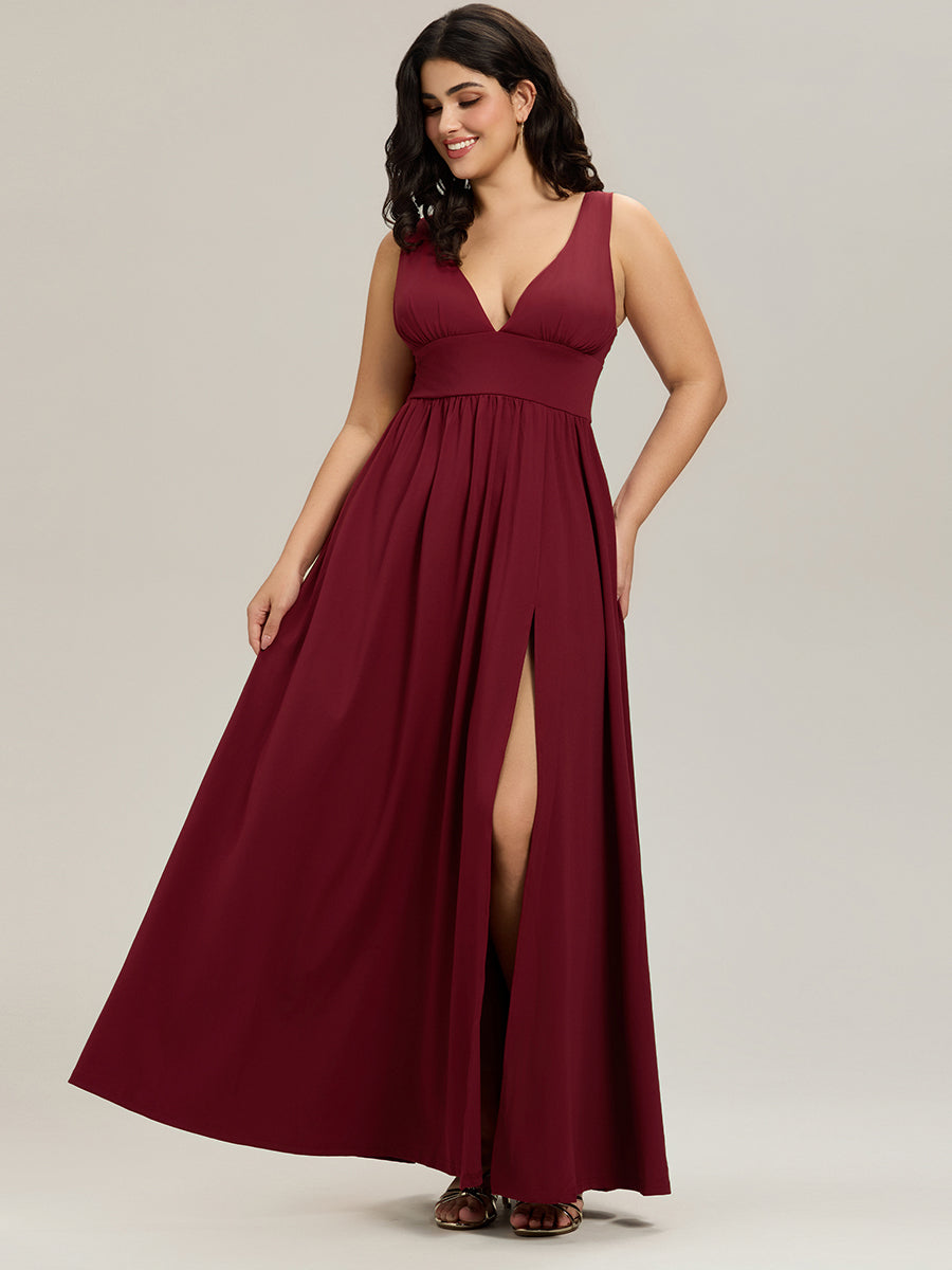 Chiffon High Slit Sleeveless V-Neck Empire Waist Evening Dress #color_Burgundy