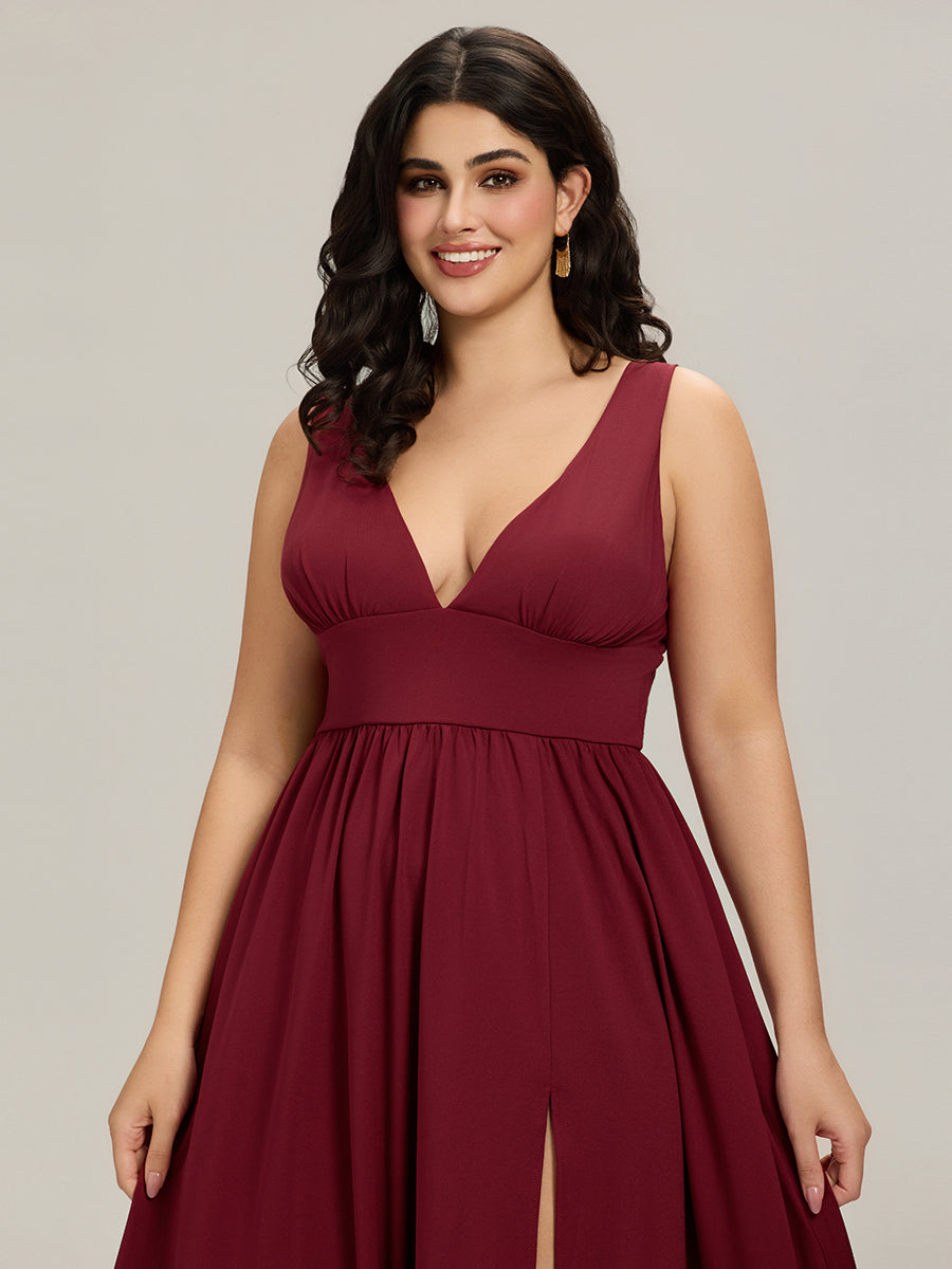 Chiffon High Slit Sleeveless V-Neck Empire Waist Evening Dress #color_Burgundy